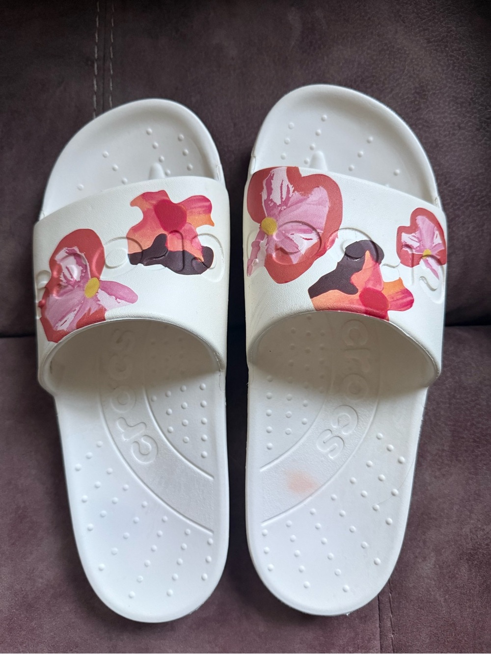 CROCS White Slide Sandals with Pink & Coral Floral Print